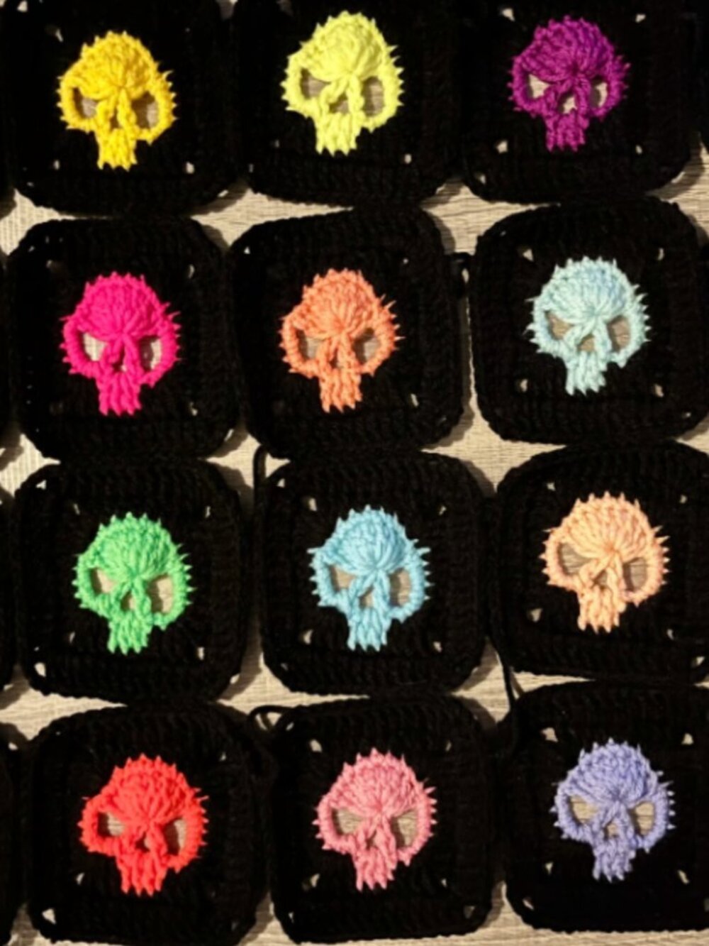 20 Handmade Skull Squares - NEON w/Black DIY Fashion & Home Afghan Blanket